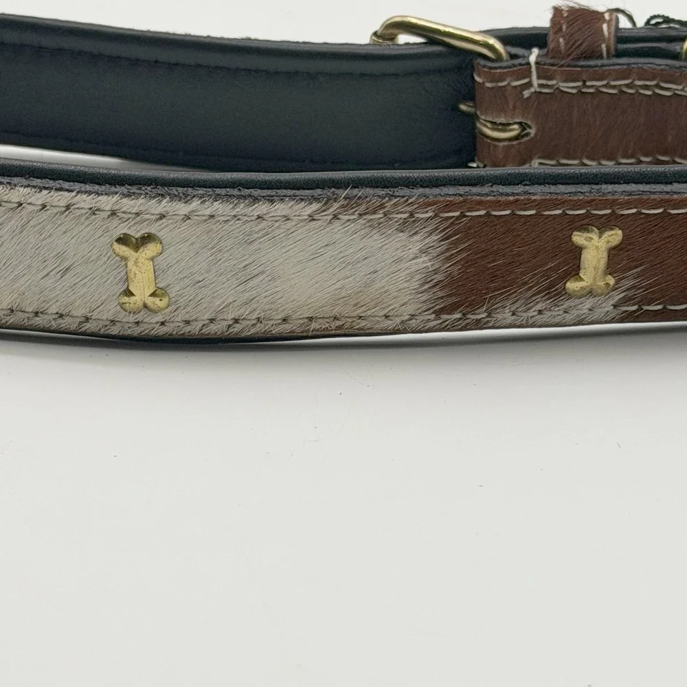 Myra Bag Hair-on-Hide Dog Collar Brown White Spotted Cowhide Bone Studs NEW XL